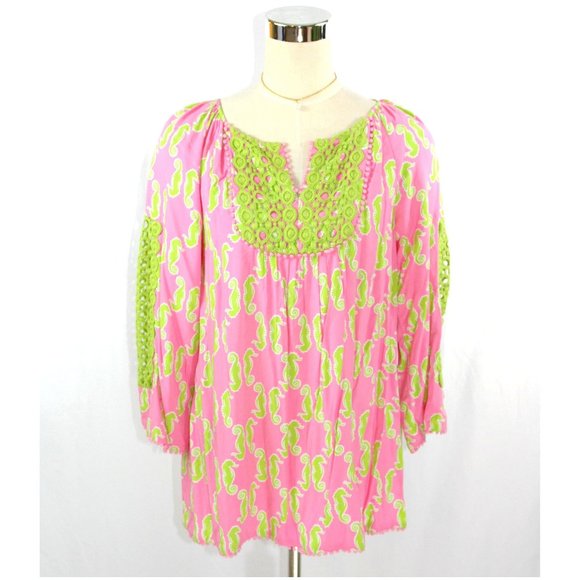 Crown & Ivy Small Seahorses Boho Poet's Blouse Tunic Top w Green Crochet Trim - Picture 1 of 9